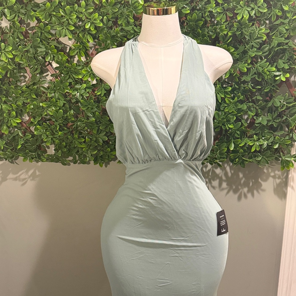 NWT-Celebratory Love Sage Green Mesh Ruched Halter Dress - Picture 5 of 13